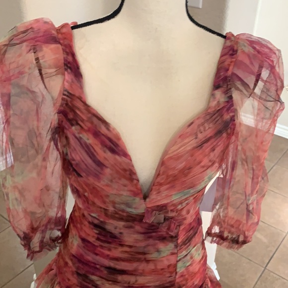 Multicolored pink floral graphic runched tulle bodycon mini dress - Picture 7 of 17